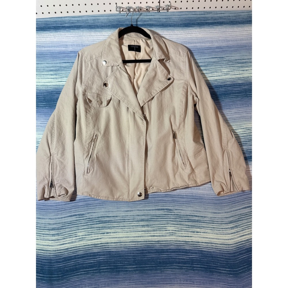 Tahari Womens Beige Linen Blend Asymmetric Zip Moto Jacket Size XXL Sand Biker